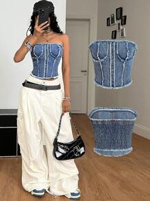 SHEIN EZwear 女士夏季西部牛仔装 Y2K 度假装街头装休闲日常装毛边前拉链无袖牛仔上衣