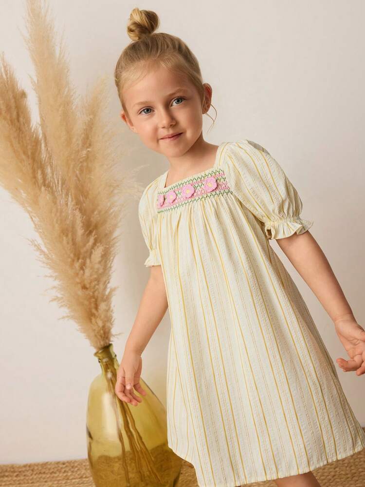 Young Girl Loose Casual Floral Decor Puff Sleeve Mini Dress