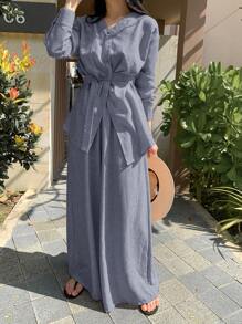 DAZY Bộ đồ mặc nhà thanh lịch gồm áo dài bất đối xứng và quần ống rộng dành cho nữ. - Màu xanh hải quân - Xem 2