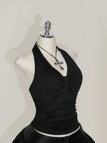 SHEIN ICON Top corto halter fruncido negro con espalda descubierta y detalle de lazo, apto para vacaciones, festivales de música, estilo punk, talla grande