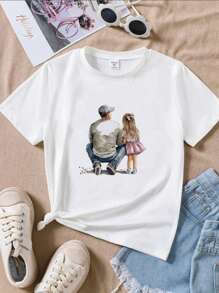 SHEIN Father And Daughter Girls Short Sleeve T-Shirt, Casual & Comfortable Round Neck Tee With Cute Printed Design, Summer - White - View 4