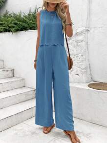 SHEIN SLAYR KIDS 青少年女孩优雅平纹梭织无袖开衫和直筒裤套装 - 霧霾藍 - 查看 2