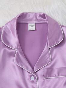 3pcs/Set Young Girl' Light Purple Solid Color Simple Casual Short Sleeve Top, Short, And Long Pants Comfortable Home Outfit, Spring/Summer - Mauve Purple - View 4