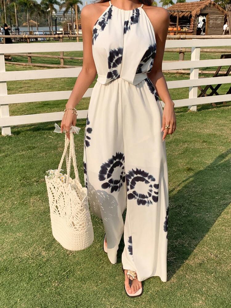 Women's Summer Casual Tie-Dye Halter Loose Jumpsuit Women Jumpsuits Vacation Jumpsuit Cruise Outfit For Women Boho Jumpsuit For Women