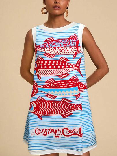 Travachic 女士无袖鱼印花针织迷你夏季连衣裙，春季，女士夏季服装，女士度假服装，沙滩装，复活节，女士沙滩装