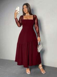 Viva Relle 大码蕾丝袖 A 字形纯色吊带裙连体裤 - 酒紅色 - 查看 5