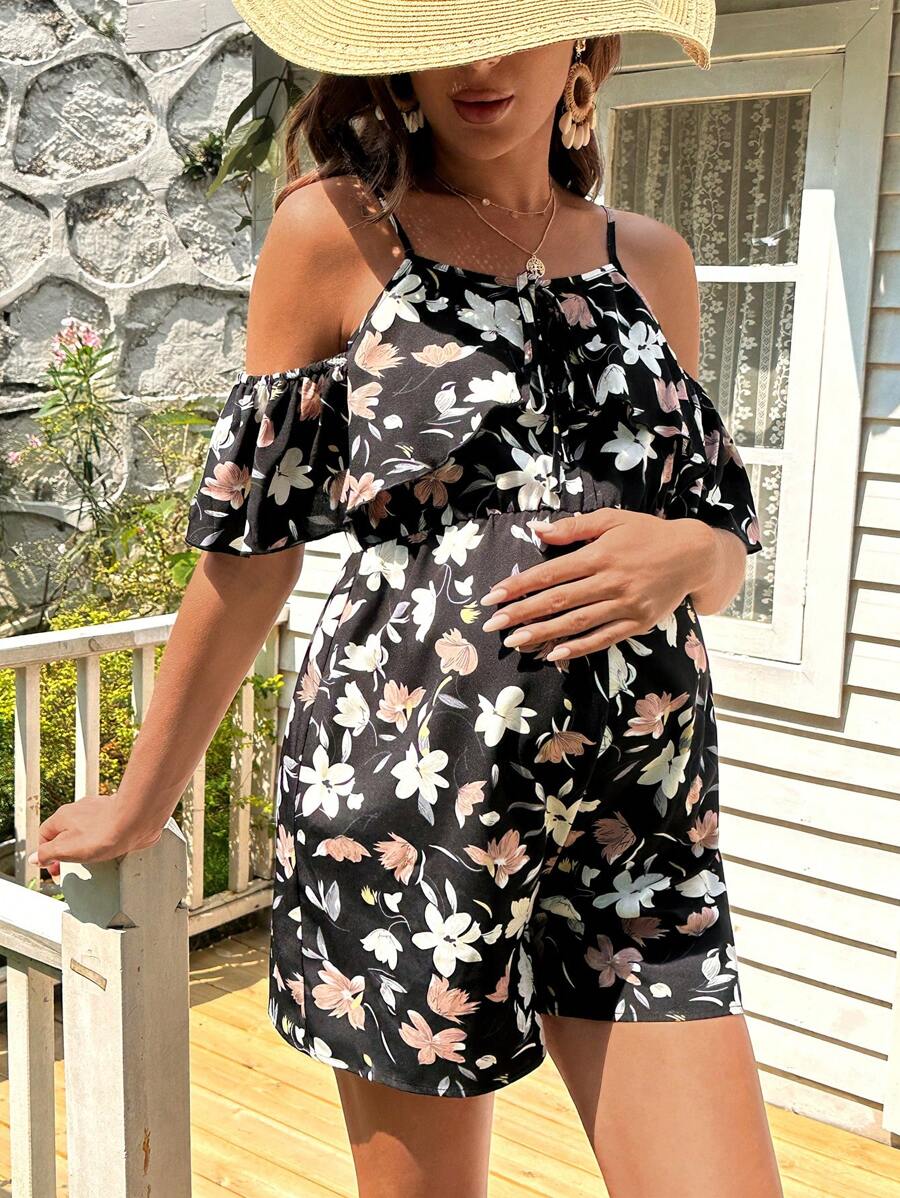 SHEIN Maternity Summer Floral Print Jumpsuit With Ruffle Trim - Multicolor - View 1