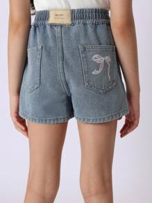 SUMWON Pull-On Denim Shorts Elastic Waist Casual Summer Drawstring Light Wash Girls Shorts Comfortable Beach Holiday Athletic Leisure Daily Wear Youth Teen - Blue - View 7