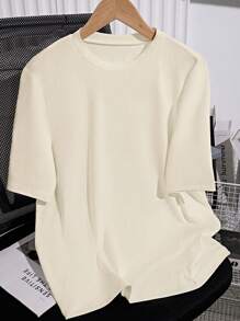 Elenzga Women's Solid Color Round Neck Short Sleeve Casual Versatile T-Shirt - Apricot - View 4