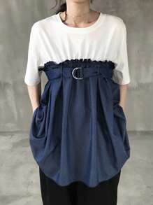 FRIFUL 1 Pc Women's Round Neck Fitted Denim Effect Patchwork T-Shirt School - Blue - View 3