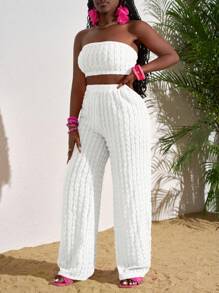 Slaydiva 夏季度假玫红色纹理短款上衣和宽松阔腿裤两件套女士 - 白色 - 查看 6