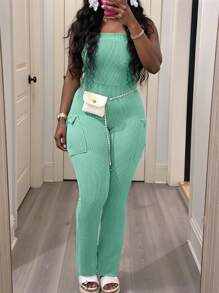 Slaydiva 女式加大码纯色侧袋紧身连身裤 - 綠色 - 查看 1