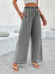 SHEIN LUNE Women's Solid Color Flared Wide Leg Casual Trousers With Waist Pocket - Grey - View 5