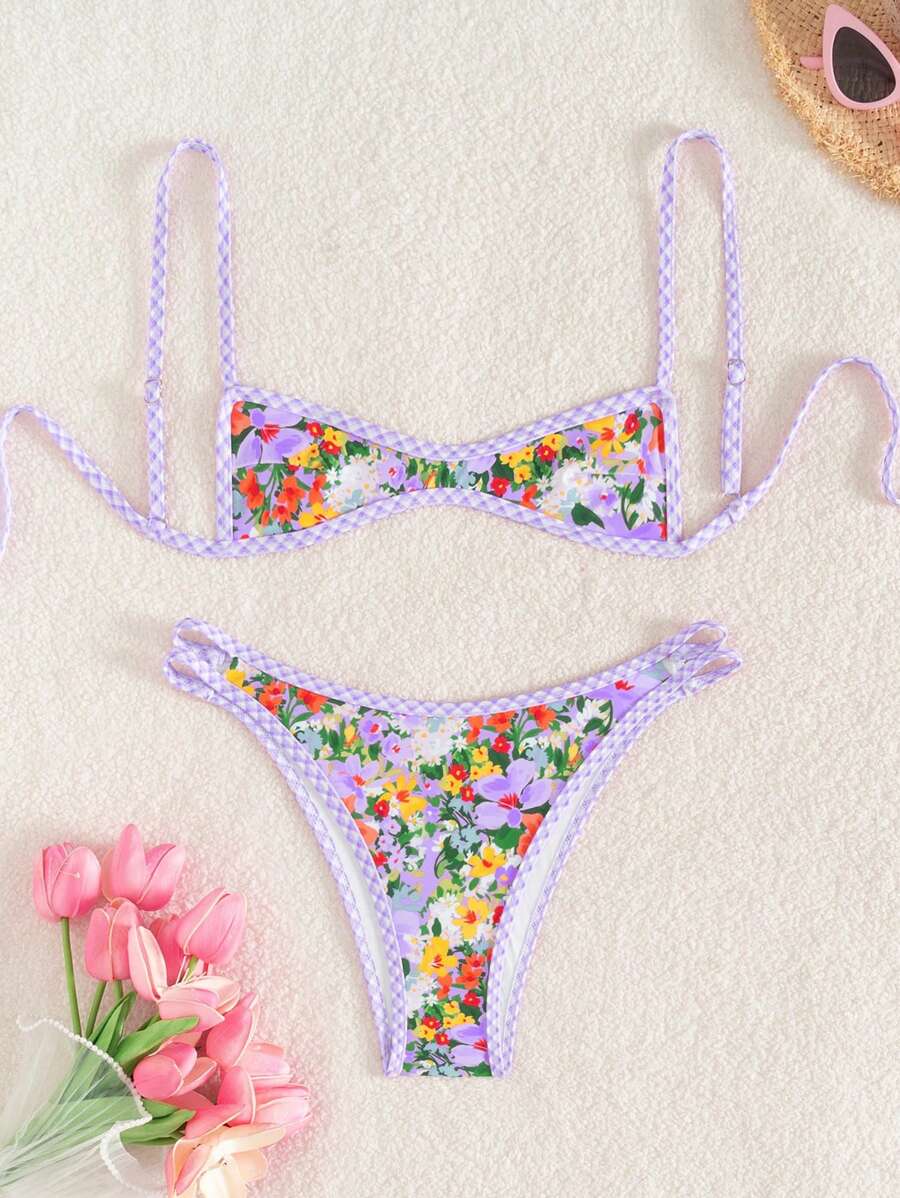 Swim Mod Bikini buộc dây hoa 2 mảnh cho nữ, Áo bơi in họa tiết ngẫu nhiên mới mùa hè và quần tam giác, Phong cách tươi mới cho trang phục đi nghỉ ở bãi biển - Nhiều màu - Xem 1