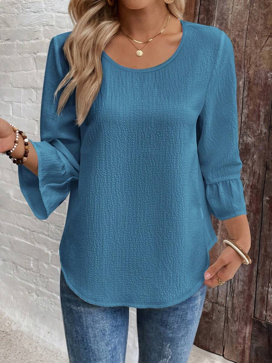 EMERY ROSE 女士休闲百搭纯色纹理喇叭袖衬衫 - 藍色 - 查看 1