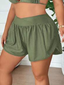 SHEIN CURVE+ Plus Size Solid Color Waist Cross-Tied Pleated Design Loose Slimming Beach Holiday Swimwear Bottom - Green - View 4