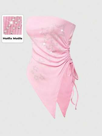 Grunge Punk Asymmetrischer Saum, Punk Rock Musikfestival Stern Pailletten plissiertes Design Damen Top