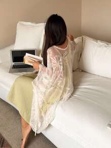 DAZY 2pcs Set Women Lace Cami Sleep Dress And Robe Pajama Set, Loose Fit, Fall Winter Clothes - Yellow - View 2