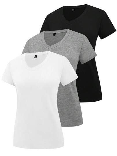 Airaco Assorted Plain V-Neck Short Sleeve Casual T-Shirts For Women