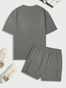 Manfinity Homme Men's Solid Color Round Neck Short Sleeve Casual T-Shirt And Drawstring Waist Shorts Set - Dark Grey - View 4