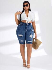 SHEIN SXY Plus Size Autumn Washed High Elasticity Ripped Denim Bermuda Shorts - Medium Wash - View 1