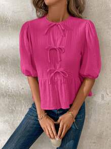 SHEIN Clasi Blusa de verano con cuello Peter Pan, mangas abullonadas y bajo con volantes, con nudo delantero