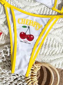 Swim Mod 3 件套女士海滩装：樱桃字母印花吊带背心比基尼套装，搭配透明网眼透视束腰外衣