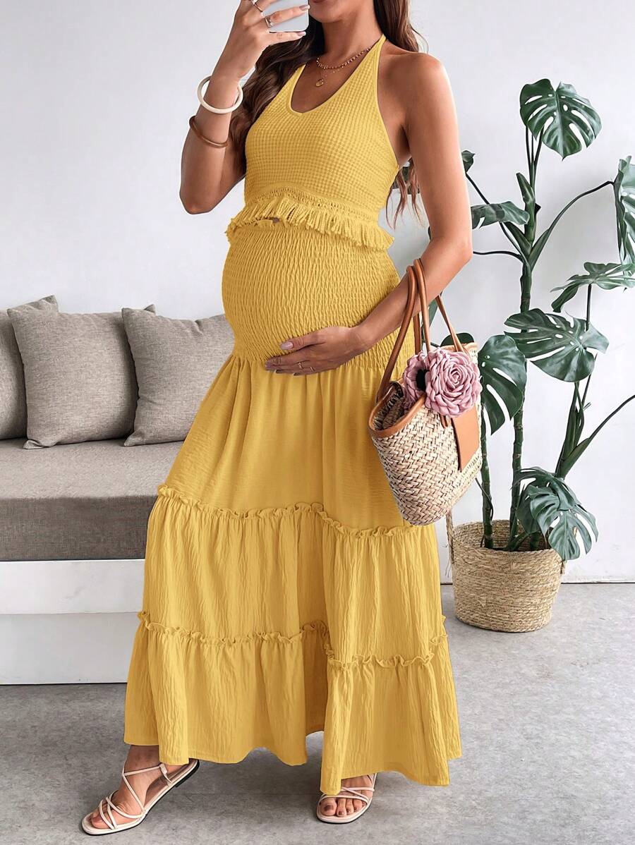 SHEIN 2pcs Maternity Tassel Design Set, Casual And Vacation Friendly - Yellow - View 1