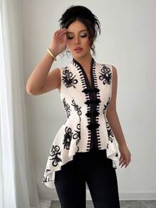 Elenzga Women's 2025 New Positioning Flower Handmade Button Design Asymmetrical Hem Sleeveless Blouse (Positioning Flower) - Black - View 6