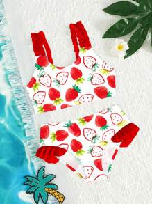 SHEIN 4pcs Girls Young Girl Vacation Style Printed Ruched Bikini Set, Family Matching Outfits Mommy And Me (Sold Separately) - Multicolor - View 1