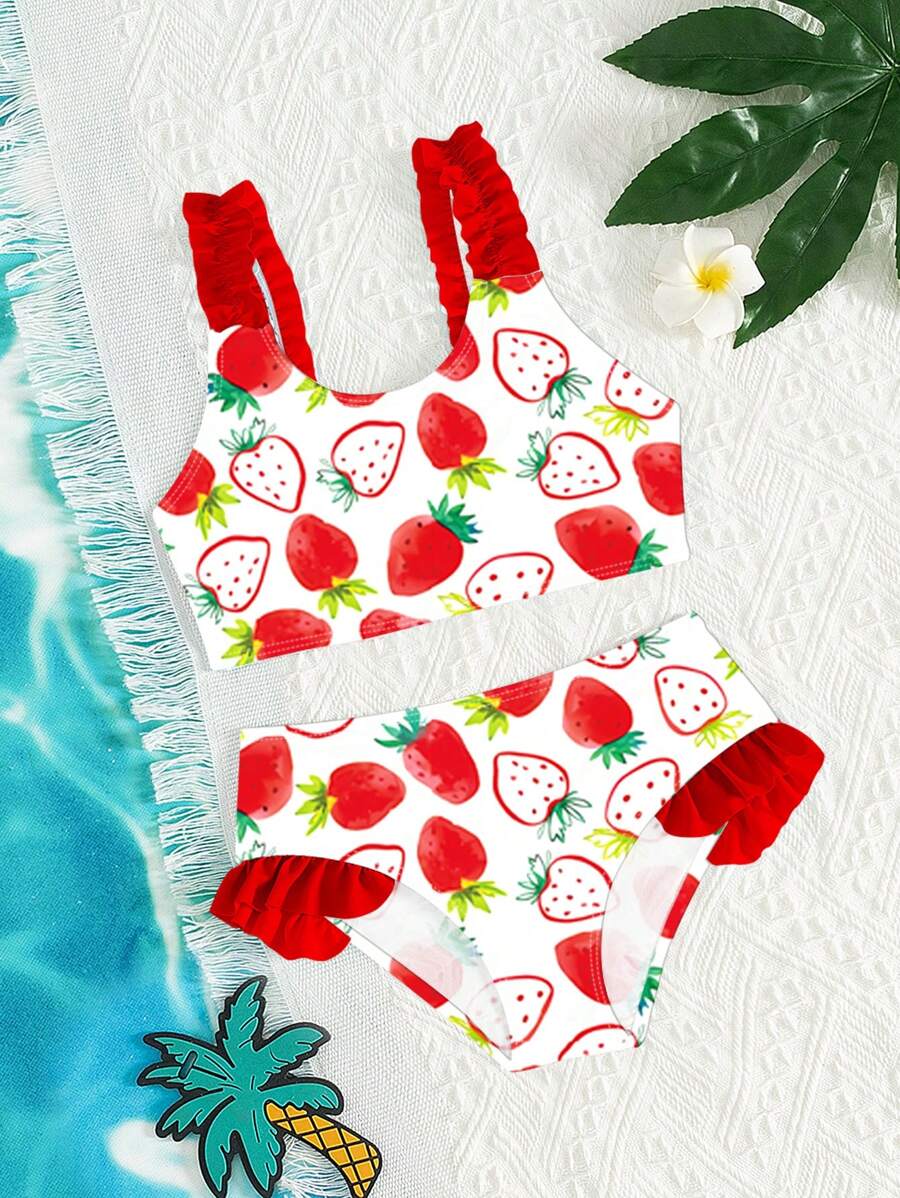 SHEIN 4pcs Girls Young Girl Vacation Style Printed Ruched Bikini Set, Family Matching Outfits Mommy And Me (Sold Separately) - Multicolor - View 1