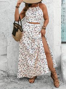 SHEIN VCAY 大码女式树叶印花露背上衣和开衩下摆裙两件套 夏季波西米亚风女装 女士早午餐装 女士机场装 海滩度假装 城市休闲装 节日装 老钱波西米亚风 波西米亚风上衣 波西米亚风格女士西部服装 西部装女式加大豹纹上衣