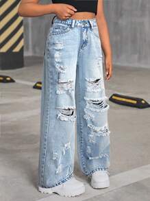 SHEIN SLAYR KIDS Tween Girls Y2K Retro Washed High Waist Distressed Ripped Straight Leg Jeans, Tween Girl Back To School Causal Clothes Outfits