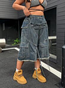 SHEIN ICON 大码女式磨边阔腿休闲工装牛仔裤 - 藍色 - 查看 6