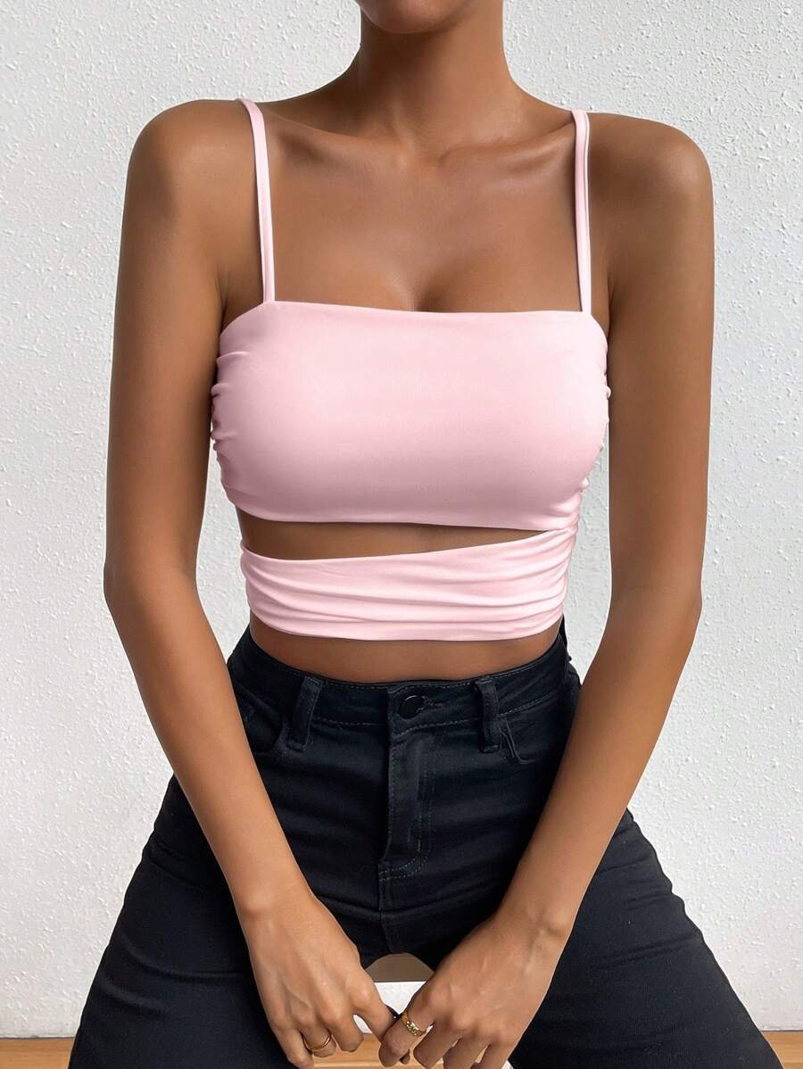 Zolique Women's Solid Color Hollow Out Design Cropped Fitted Camisole Pink - Pink - View 1