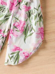 SHEIN 2pcs Young Girl Set: Solid Color Asymmetric Neck Vest And Floral Print Pants, School, Campus, College