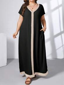 SHEIN Essnce 大码女式撞色 V 领短袖口袋休闲宽松连衣裙 - 黑色 - 查看 1