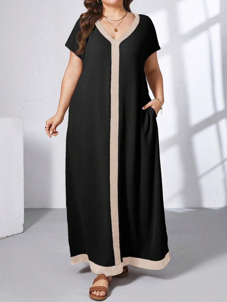 SHEIN Essnce 大码女式撞色 V 领短袖口袋休闲宽松连衣裙 - 黑色 - 查看 1