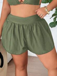 SHEIN CURVE+ Plus Size Solid Color Waist Cross-Tied Pleated Design Loose Slimming Beach Holiday Swimwear Bottom - Green - View 1