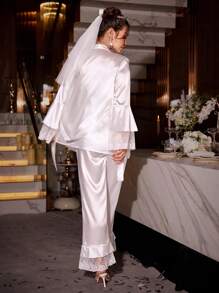 SHEIN Elegant 3-Piece Sleepwear Set: Embroidered Ruffle-Trim Robe, Camisole, And Pants - White - View 3