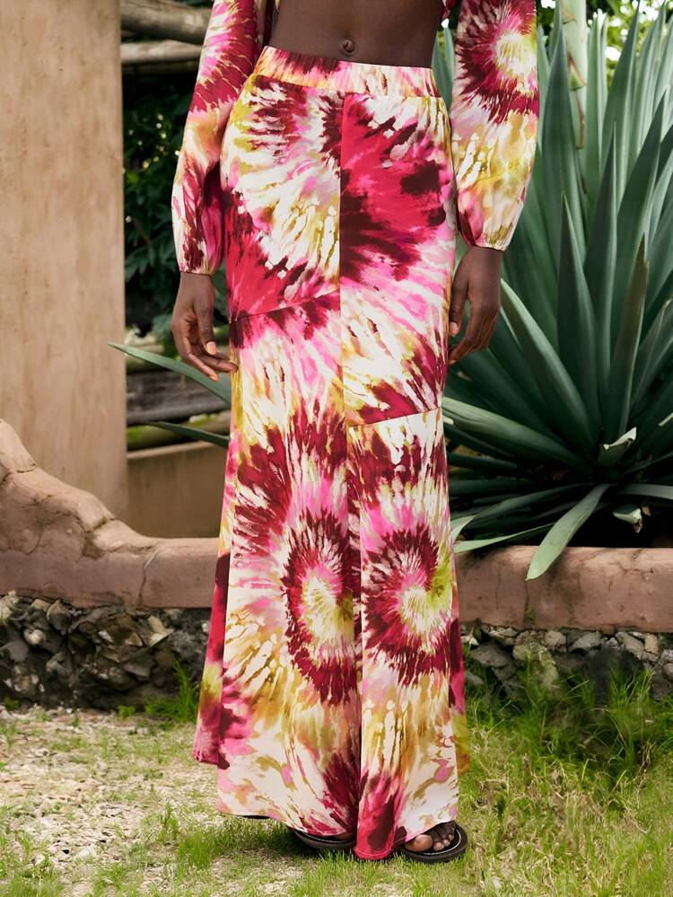 SHEIN Maija Women's Red Summer, Elastic Waistband, Side Zipper, Tropical Sunflower Tie-Dye Pattern, Fashionable Long Skirt, Casual Bohemian Beach Resort Style Summer