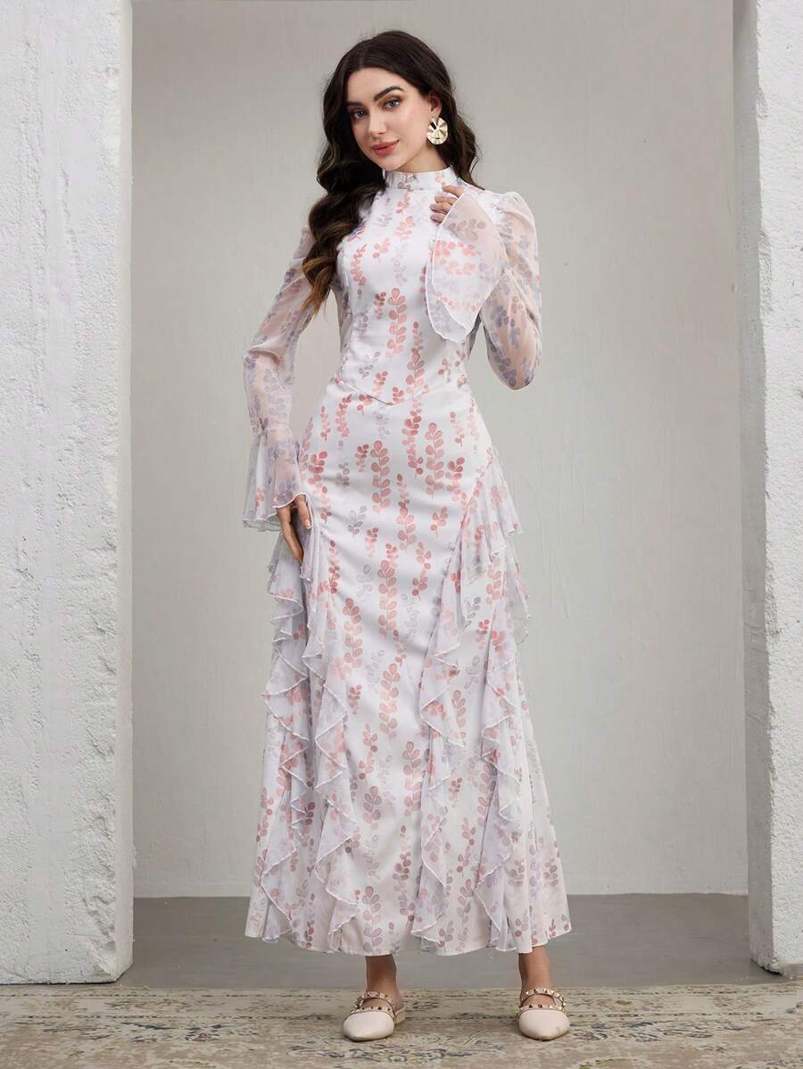 Graceveil Damen Extra Langes Kleid mit Blumen Muster, gerüschtem Saum und Bindegürtel, Modest Elegant