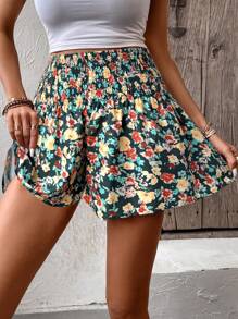 SHEIN VCAY 大码女式花卉印花松紧腰阔腿短裤，度假风格 - 墨綠色 - 查看 4