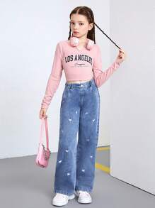 SHEIN Tween Girls' New Y2K Washed Blue Casual Loose Playful Heart Embroidered Straight Leg Jeans, Suitable For Daily Fashionable Wear