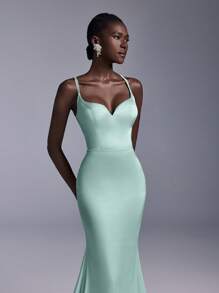 SHEIN Belle Elegant Satin Glossy Minimalist Formal Dress, Sexy V-Neck Cross Back With Gathers, Extra-Large Flared & Fishtail Hem Train For Gala Events, Party Dress, Gown, For Evening, Wedding Guest