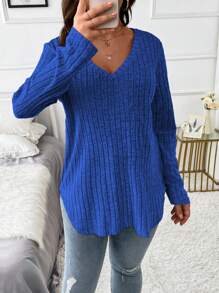 EMERY ROSE Plus Ribbed Knit V Neck Tee Fall Cloth For Women - Royal Blue - View 8