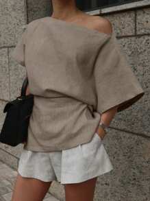 DAZY Women Solid Color Asymmetric Collar Batwing Sleeve Stylish Shirt Linen Y2k - Light Grey - View 4