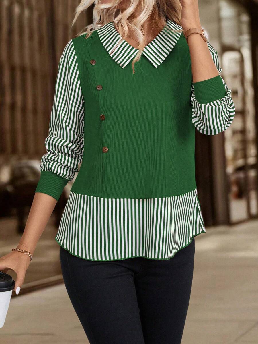 EMERY ROSE Casual Commute Striped Splice 2 In 1 Top - Green - View 1