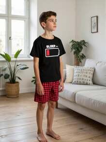 Set de 2 piezas Pantalones cortos a cuadros rojos y negros y conjunto de camiseta de manga corta negra casual para niño preadolescente - Multicolor - Ver 4