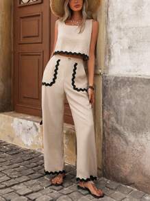 SHEIN Tall Women Spring/Summer Casual Square Collar Sleeveless Crop Top & Straight Leg Pants Set With Decorative Contrast Color Ribbon Pocket - Khaki - View 3